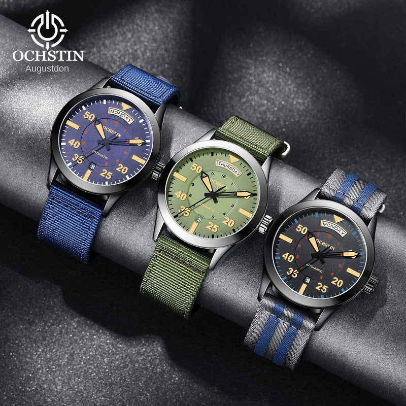 Swiss Brand Master Series Automatic Mechanical Watch with Dual Date, Water-Resistant, Luminous Business Men's Watch with Nylon Strap