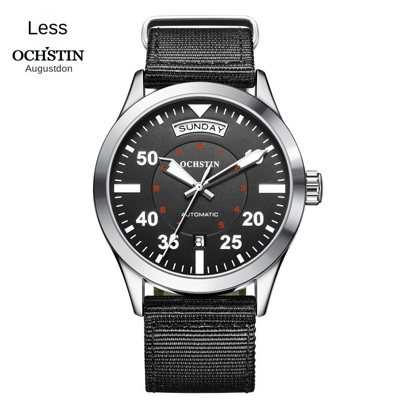 Swiss Brand Master Series Automatic Mechanical Watch with Dual Date, Water-Resistant, Luminous Business Men's Watch with Nylon Strap