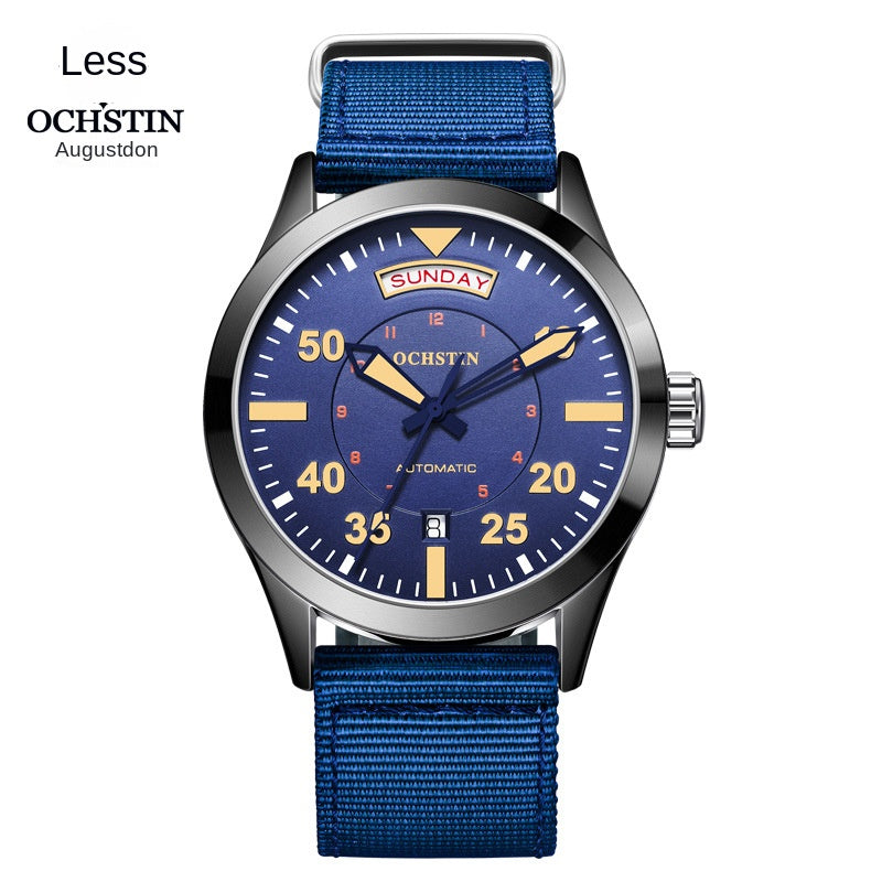 Swiss Brand Master Series Automatic Mechanical Watch with Dual Date, Water-Resistant, Luminous Business Men's Watch with Nylon Strap