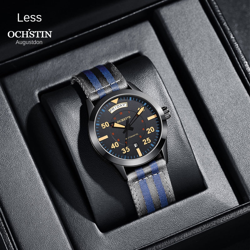 Swiss Brand Master Series Automatic Mechanical Watch with Dual Date, Water-Resistant, Luminous Business Men's Watch with Nylon Strap